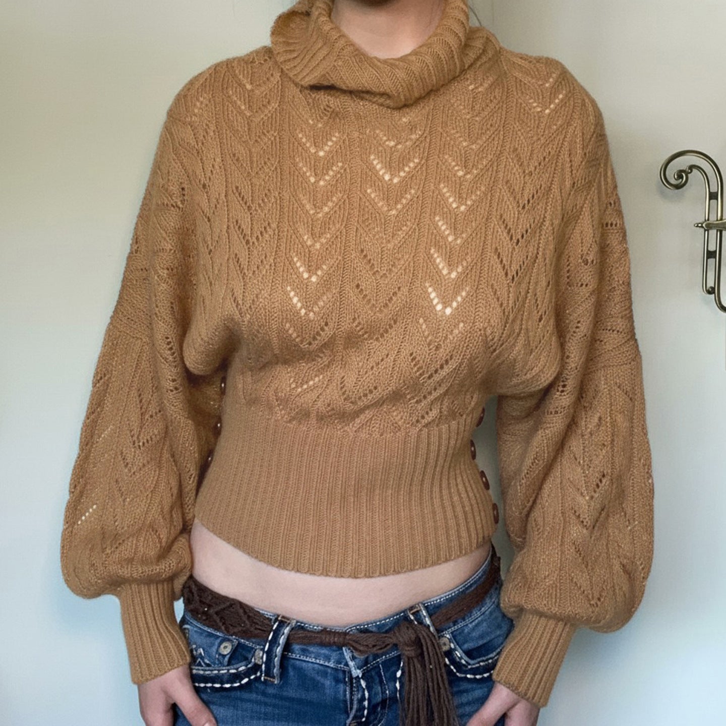 Retro Solid Color Turtleneck Hollow Out Cutout Batwing Sleeve Fitted Waist Sweater Women Graceful Fashionable Button Design Blouse Bella Mia