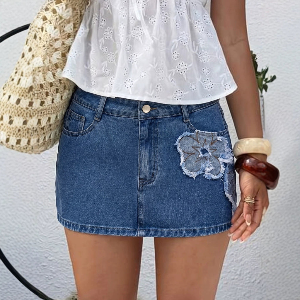 Summer Denim Skirt Women A line Slimming Personality Embroidery