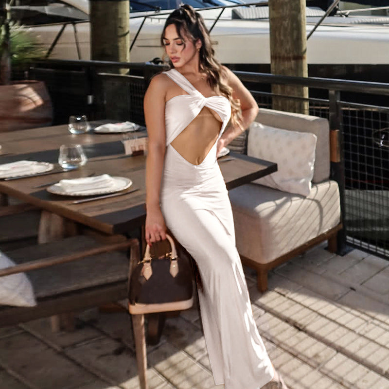 Summer Women Clothing Solid Color One Shoulder Sexy Cutout Pleated Slim Fit Dress Bella Mia