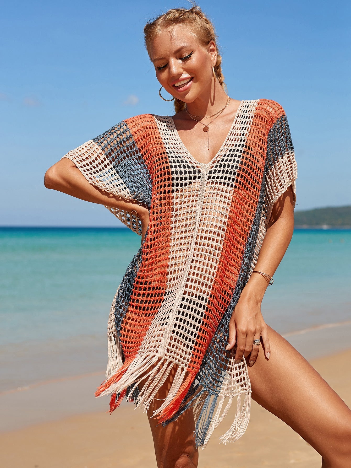 Rainbow Color Hollow Out Cutout Beach Cover up Seaside Holiday Bikini Cover Swimsuit Outwear Sun Protection Clothing Bella Mia