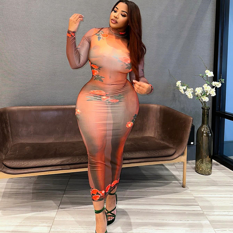 Women Clothing Printed Dress round Neck Pullover Long Sleeve Pullover One Step Dress Bella Mia