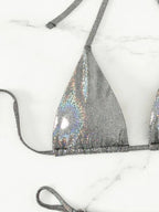 Sexy Three Piece Bikini Silver Thin Glittering Special Fabric Lace up Women Swimsuit Bella Mia