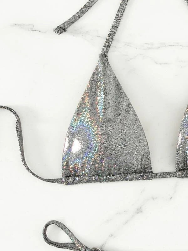 Sexy Three Piece Bikini Silver Thin Glittering Special Fabric Lace up Women Swimsuit Bella Mia
