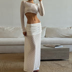 Women Clothing Autumn Sexy round Neck Cropped Long Sleeve Top Low Waist Skirt Set Bella Mia