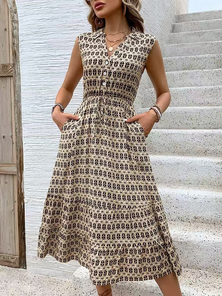 Summer Suspender Dress Waist Geometric Abstract Printing Dress