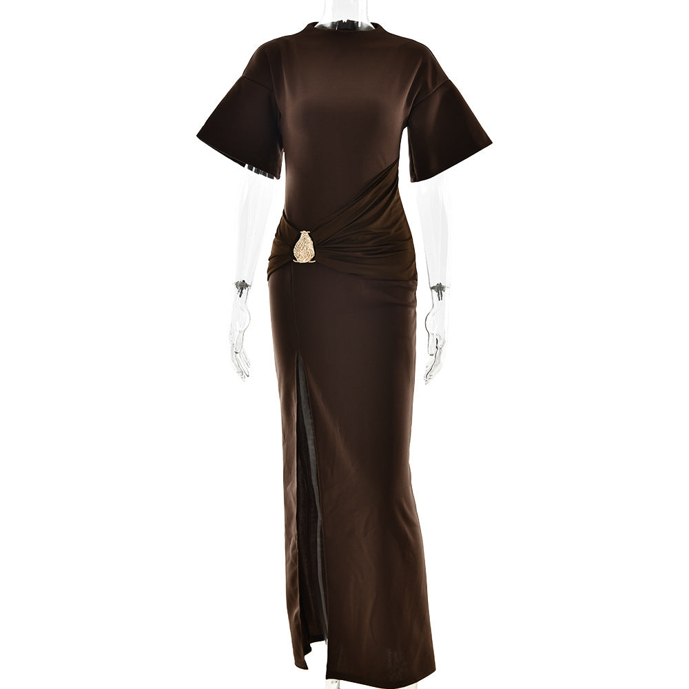 Arrival Pleated round Neck Dress Women Sexy High Split Hip Bag Dress Bella Mia