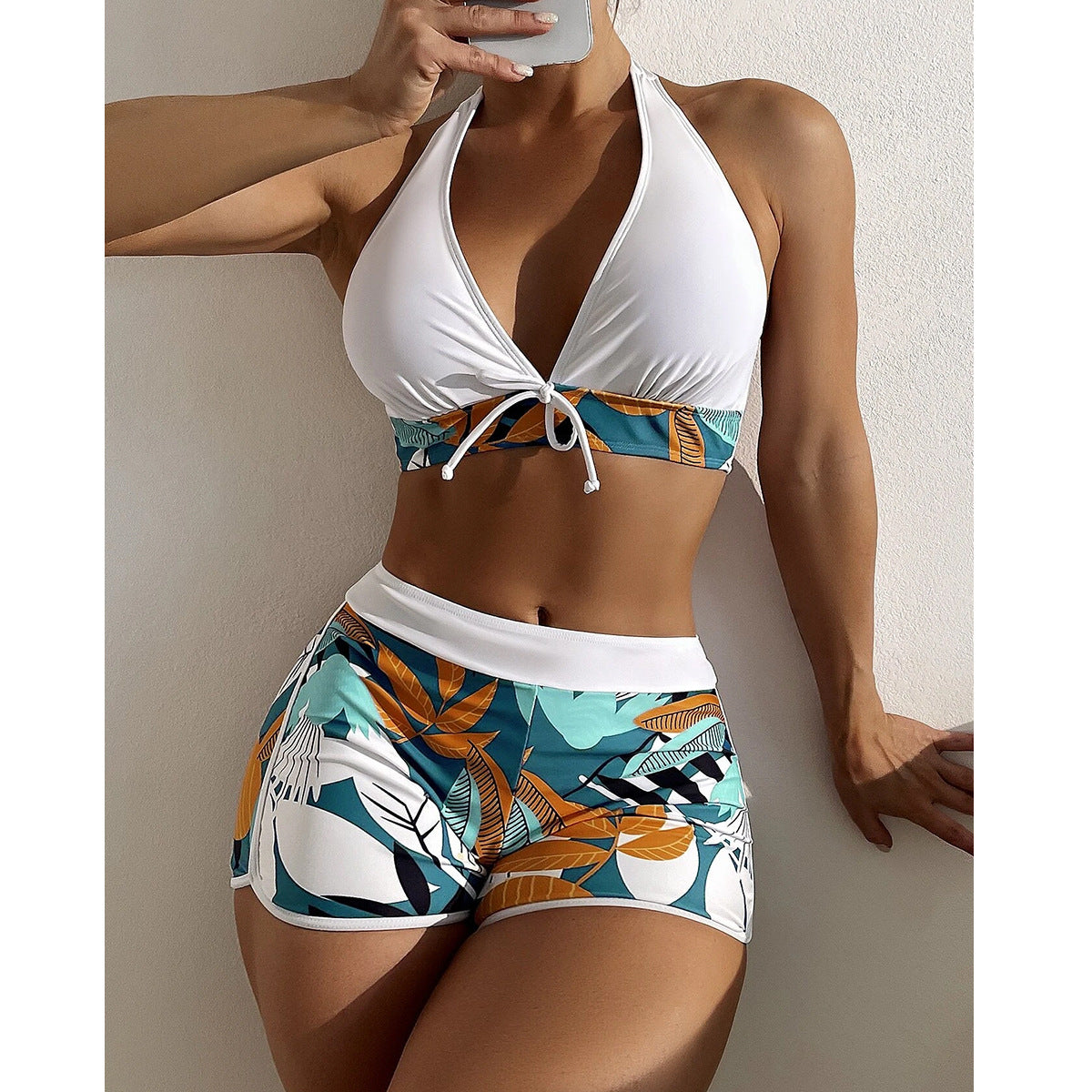 Swimsuit Women Split High Waist Boxer Lace Printing Solid Color Stitching Swimsuit Bella Mia