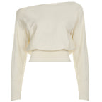Gentle Diagonal Collar Loose Drawstring Slim Fit Solid Color Sweater Sexy Strapless All Matching Short Top Bella Mia
