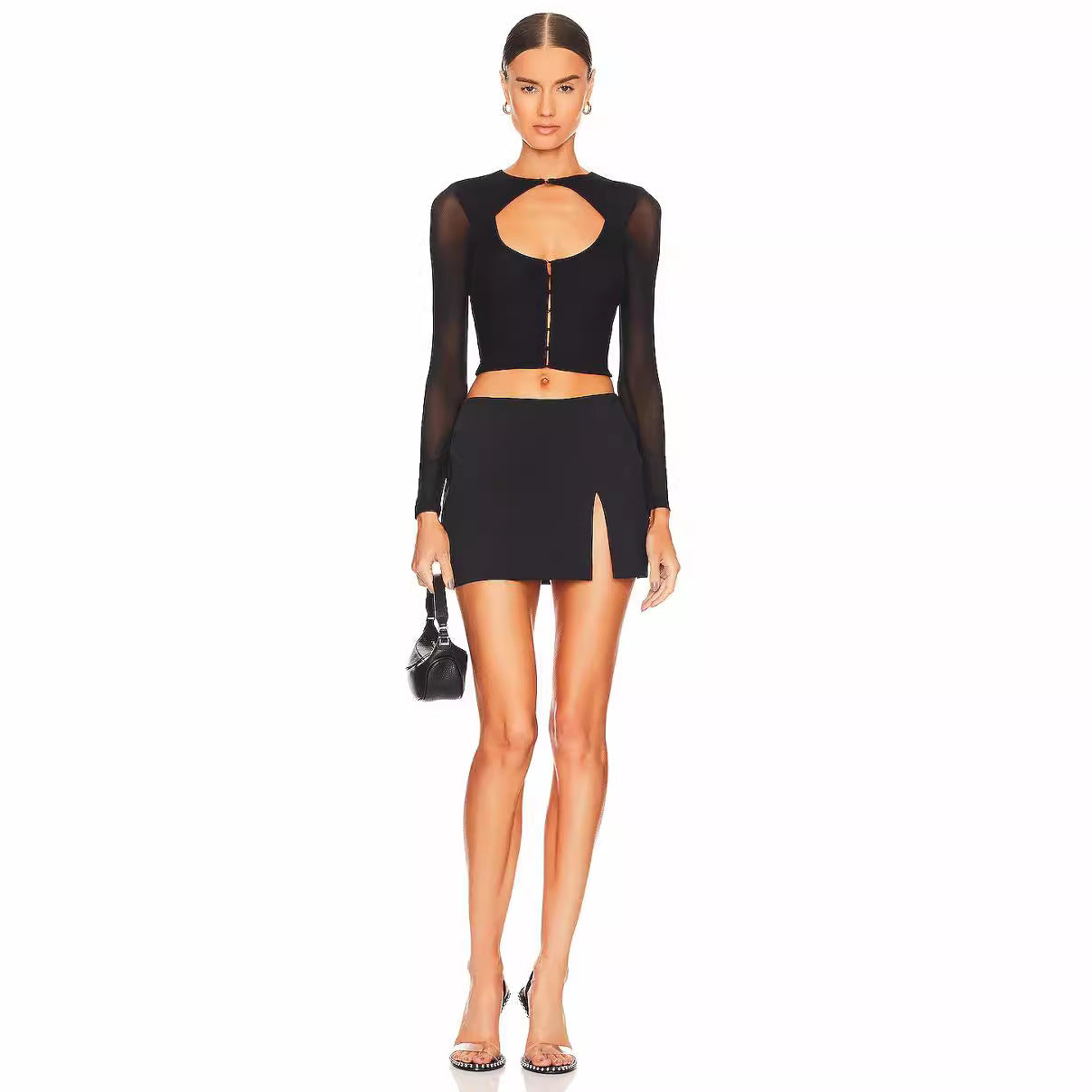 Black Long Sleeve Mesh Design Blouse Women Autumn Slim Fit Cardigan Buckle T shirt Bella Mia