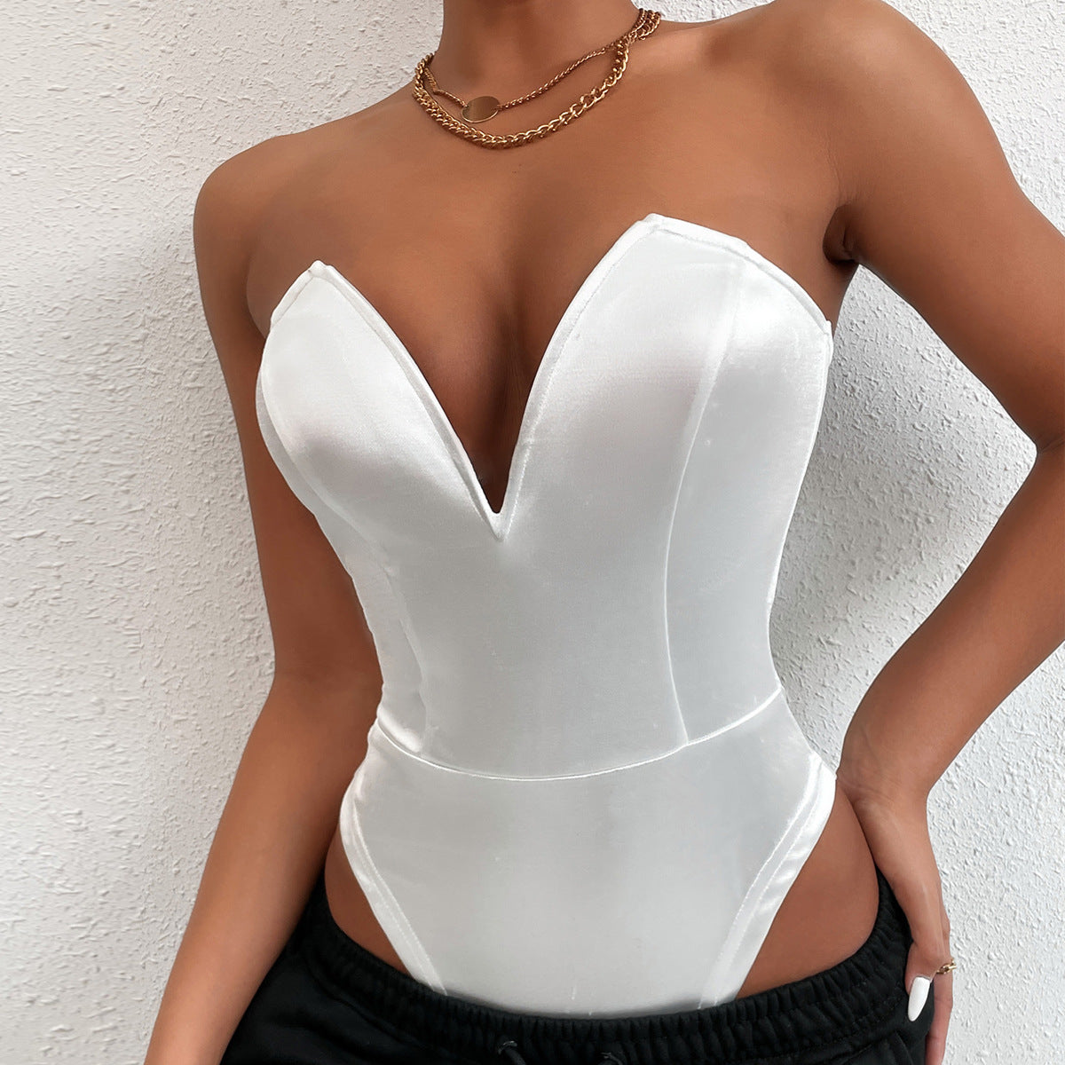 Women Tight Bottoming Shirt Slim Fit Figure Flattering Bodysuit Sexy V-neck Tube Top Bodysuit Bella Mia
