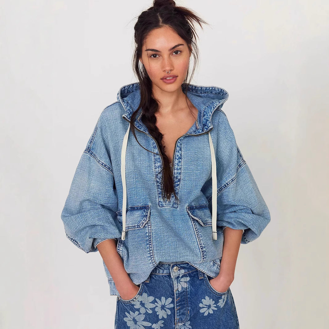 Autumn Loose Casual Washed Hooded Denim Long Sleeved Tops Bella Mia