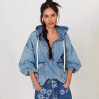 Autumn Loose Casual Washed Hooded Denim Long Sleeved Tops Bella Mia