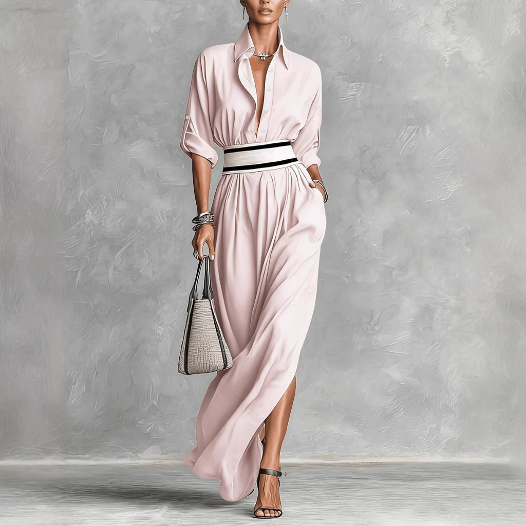 Women Clothing Draping Effect High Slit Maxi Dress Lapels Single Breasted Long Sleeve Dress