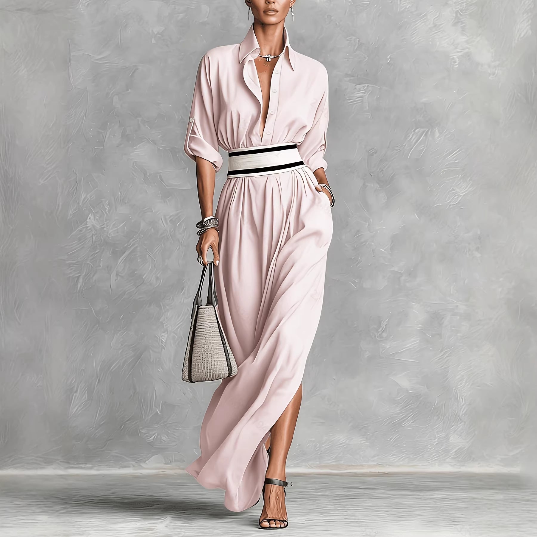 Women Clothing Draping Effect High Slit Maxi Dress Lapels Single Breasted Long Sleeve Dress