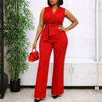 Summer Solid Color Sleeveless Collar Lace up Wide Leg Pants Jumpsuit Bella Mia