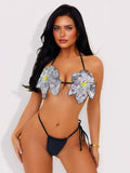 Sequined White Floral Halter Bikini Three Point Split Swimsuit Strap Sexy Swimsuit Women Bella Mia