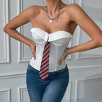 Sexy Low Cut Business Satin Tie Solid Color Boning Corset Lace up Steel Ring Top Bella Mia