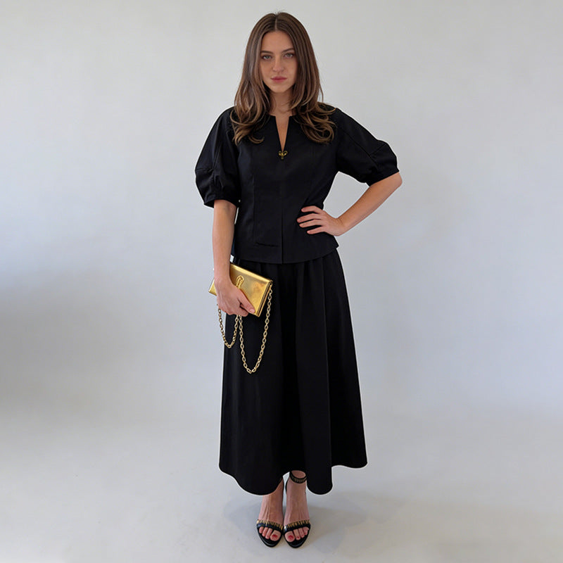 Office Two Piece Sets V neck Heart Shaped Buckle Waist Controlled Top Solid Color Mid Length Skirt Two Piece Sets
