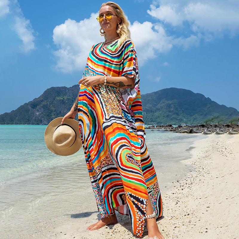 Printed Robe Seaside Holiday Sun Protection Shirt Beach Dress Bikini Swimsuit Blouse Outer Wear Bella Mia