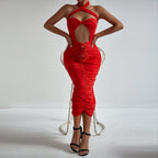 Fashionable Floral Cross Halter Hollow Out Cutout Sexy Chest lattering Dress Elegant Holiday Pleated Hip Dress for Women Bella Mia