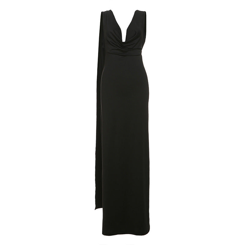 Women Clothing Autumn Winter Elegant Sexy Backless Evening Dress Pile Collar Solid Color Dress Women Bella Mia