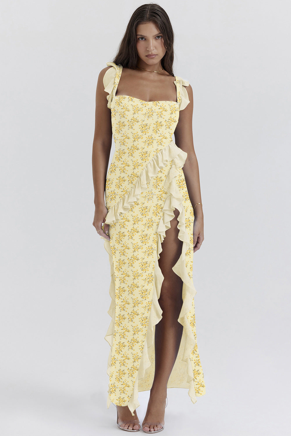 Summer French Strap Wooden Ear Sexy Split Printing Dress Bella Mia