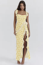 Summer French Strap Wooden Ear Sexy Split Printing Dress Bella Mia