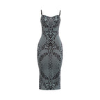 Autumn Winter Women Clothing Suspenders Low Cut Backless Print Back Slit Slim Fit Sexy Dress Bella Mia