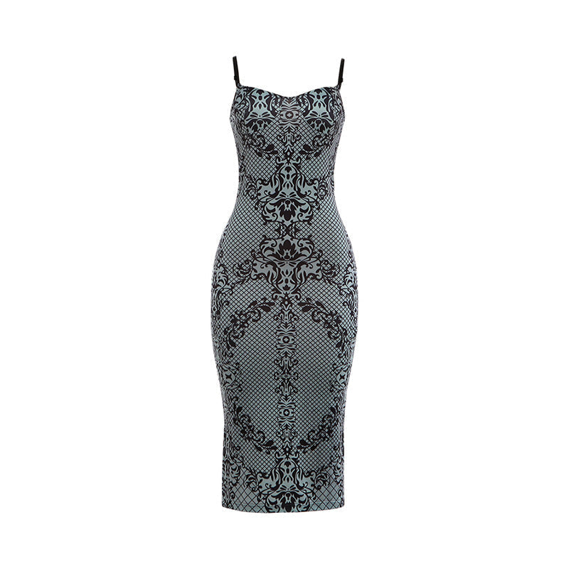 Autumn Winter Women Clothing Suspenders Low Cut Backless Print Back Slit Slim Fit Sexy Dress Bella Mia
