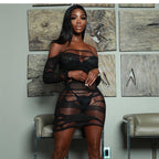 Solid Color Long Sleeve Hollow Out Cutout Sexy Mesh Stitching See through Hip Dress Sexy Dress Bella Mia