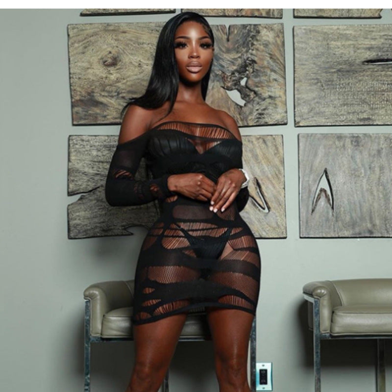 Solid Color Long Sleeve Hollow Out Cutout Sexy Mesh Stitching See through Hip Dress Sexy Dress Bella Mia