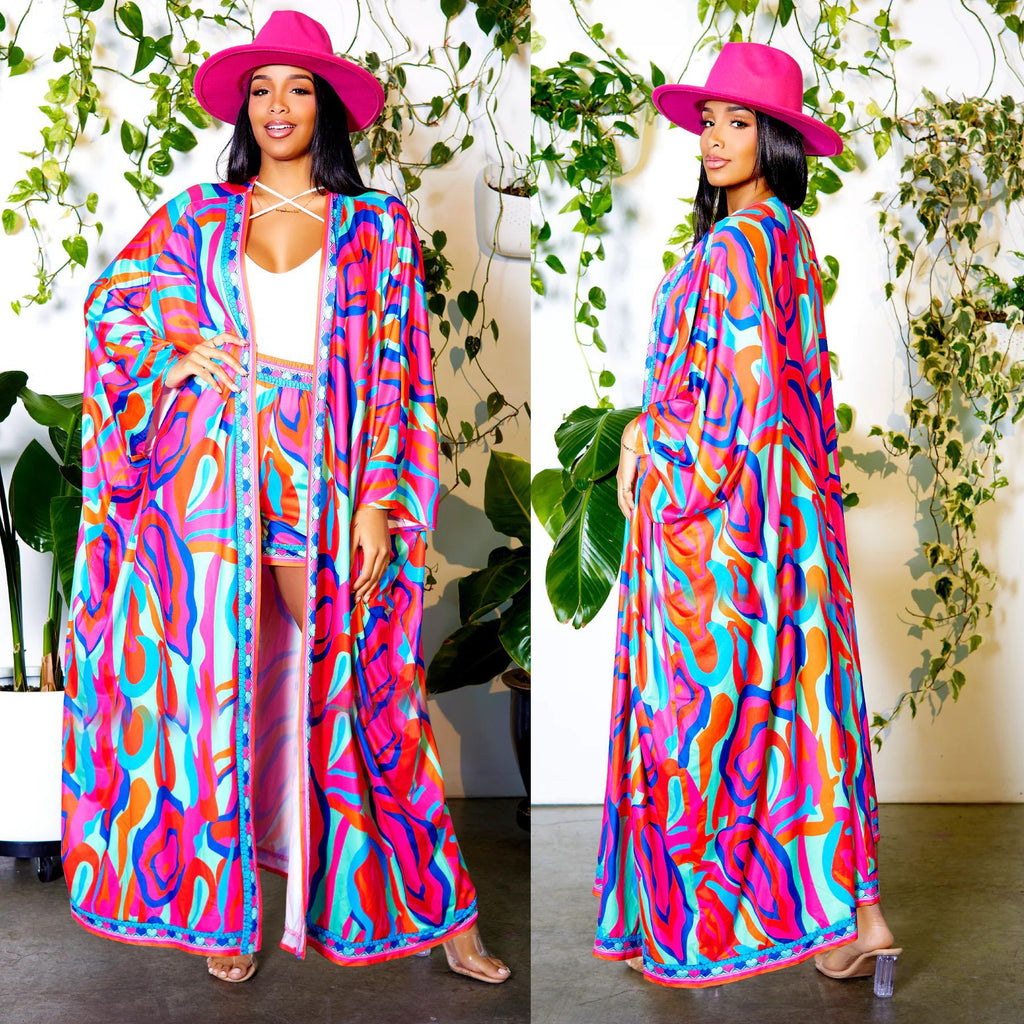 Chiffon Printed Blouse Shorts Suit Sun Protection One Sleeve Cardigan Beach Two Piece Set Women Bella Mia