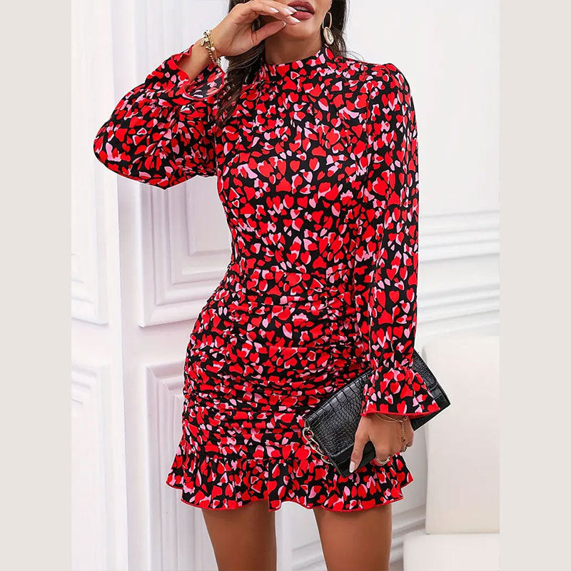 Summer Elegant Printed Ruffle Design Long Sleeve Dress Stand Collar Ruffle Hip Dress Bella Mia