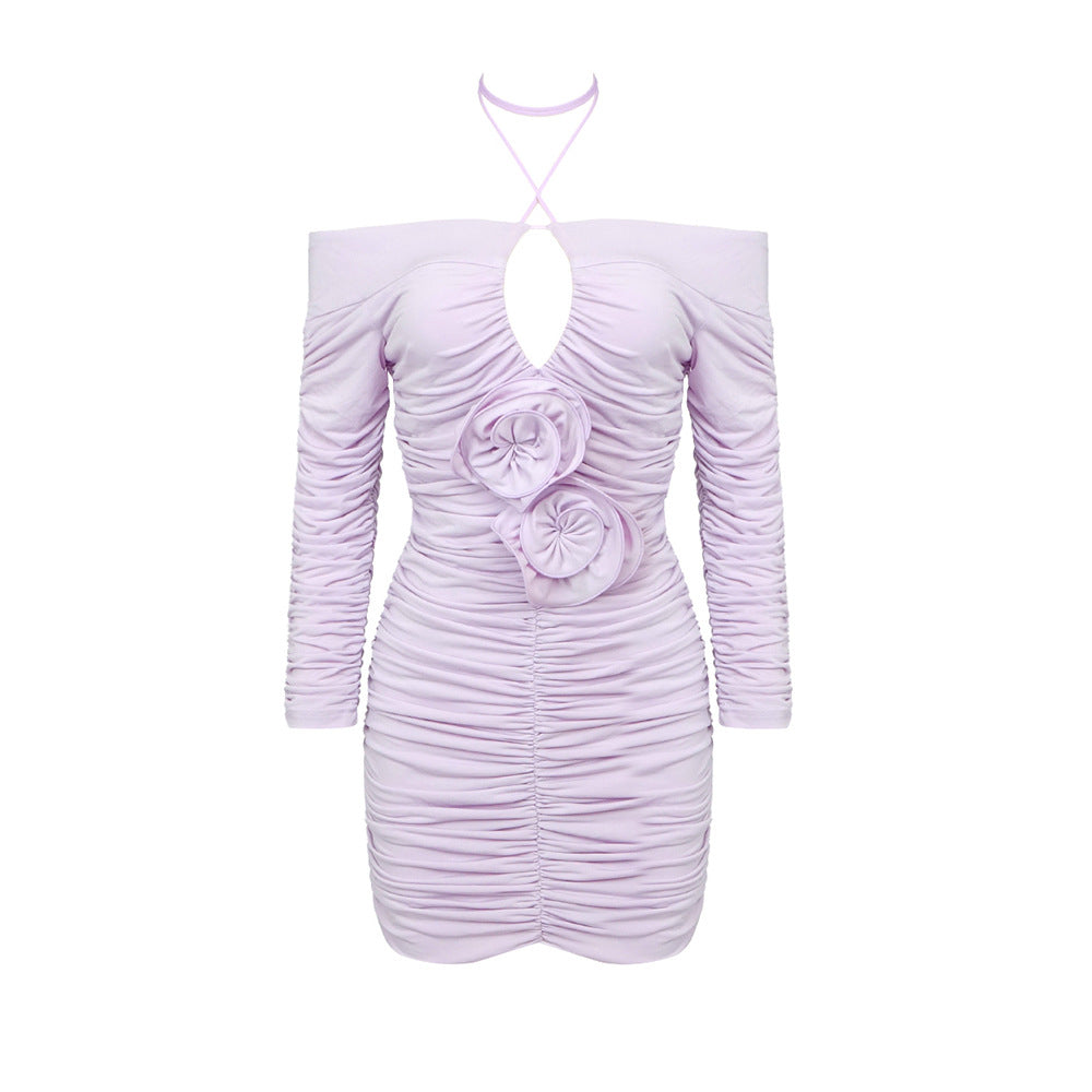 Light Purple Hollow Out Cutout Pleated Three Dimensional Floral Hip Women Clothing Halter Dress Autumn Bella Mia