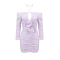 Light Purple Hollow Out Cutout Pleated Three Dimensional Floral Hip Women Clothing Halter Dress Autumn Bella Mia
