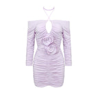Light Purple Hollow Out Cutout Pleated Three Dimensional Floral Hip Women Clothing Halter Dress Autumn Bella Mia
