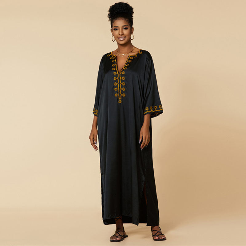 Artificial Silk Gold Thread Embroidered Beach Cover up Robe Vacation Sun Protection Shirt Beach Cover Up Bella Mia