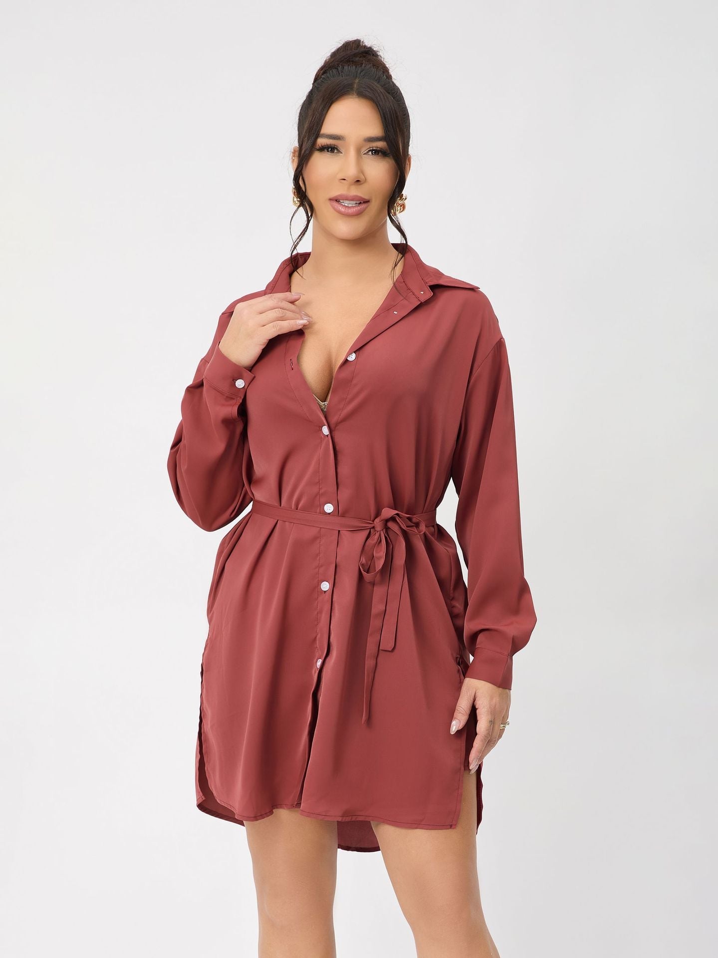 Casual Long Sleeve Women Clothing Long Shirt Collar Belt Two Piece Shorts Sets Women Spring Bella Mia