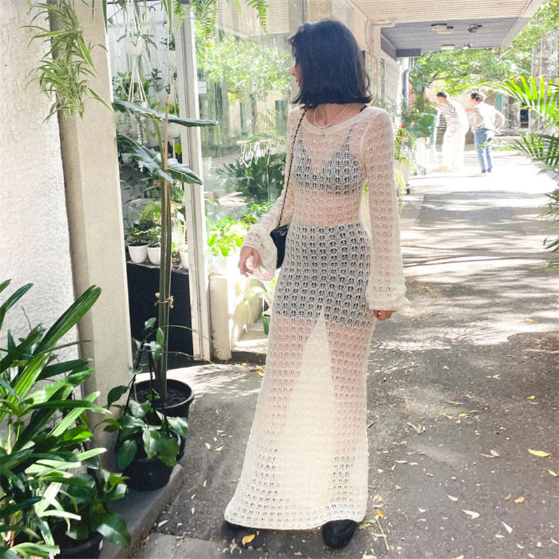 Sexy Backless Knitted Dress Hollow Out Cutout out See through Fishnet Long Sleeve Summer Sun Protection by the Sea Dress Women Bella Mia