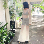 Sexy Backless Knitted Dress Hollow Out Cutout out See through Fishnet Long Sleeve Summer Sun Protection by the Sea Dress Women Bella Mia
