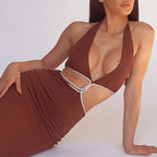 Sexy Cropped Outfit Halter Diamond Rope Maxi Dress Women Bella Mia