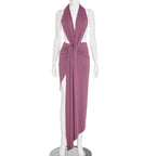 Women Sexy Slim Fit Halter Backless Sleeveless Pleated Elegant Maxi Dress Bella Mia