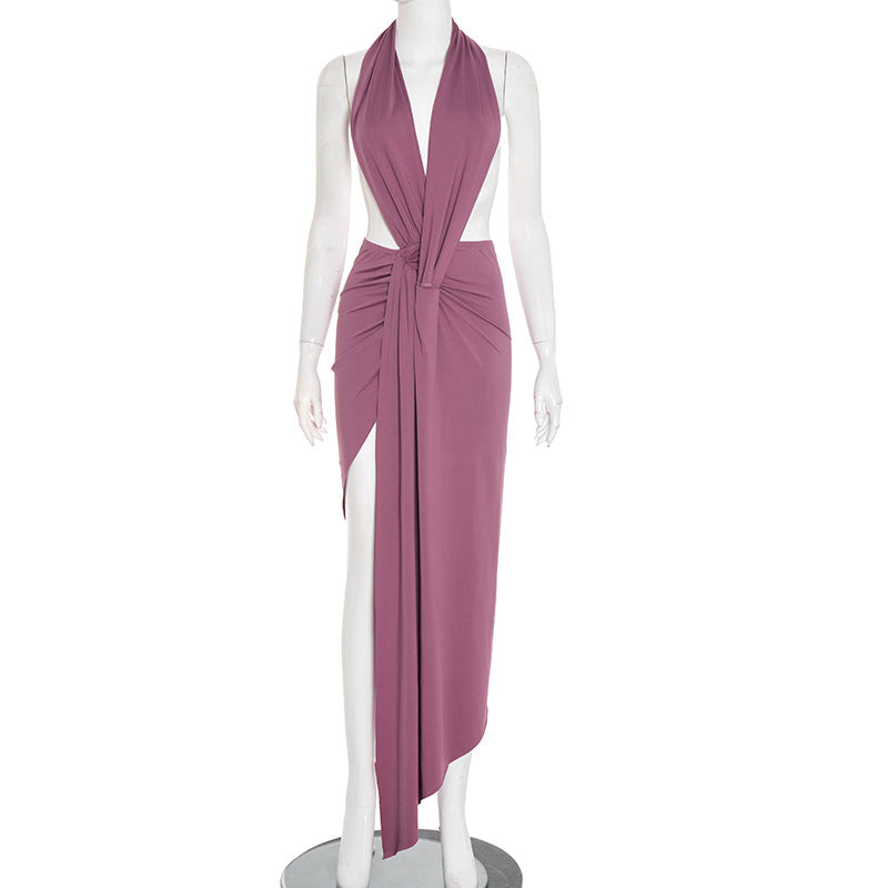 Women Sexy Slim Fit Halter Backless Sleeveless Pleated Elegant Maxi Dress Bella Mia