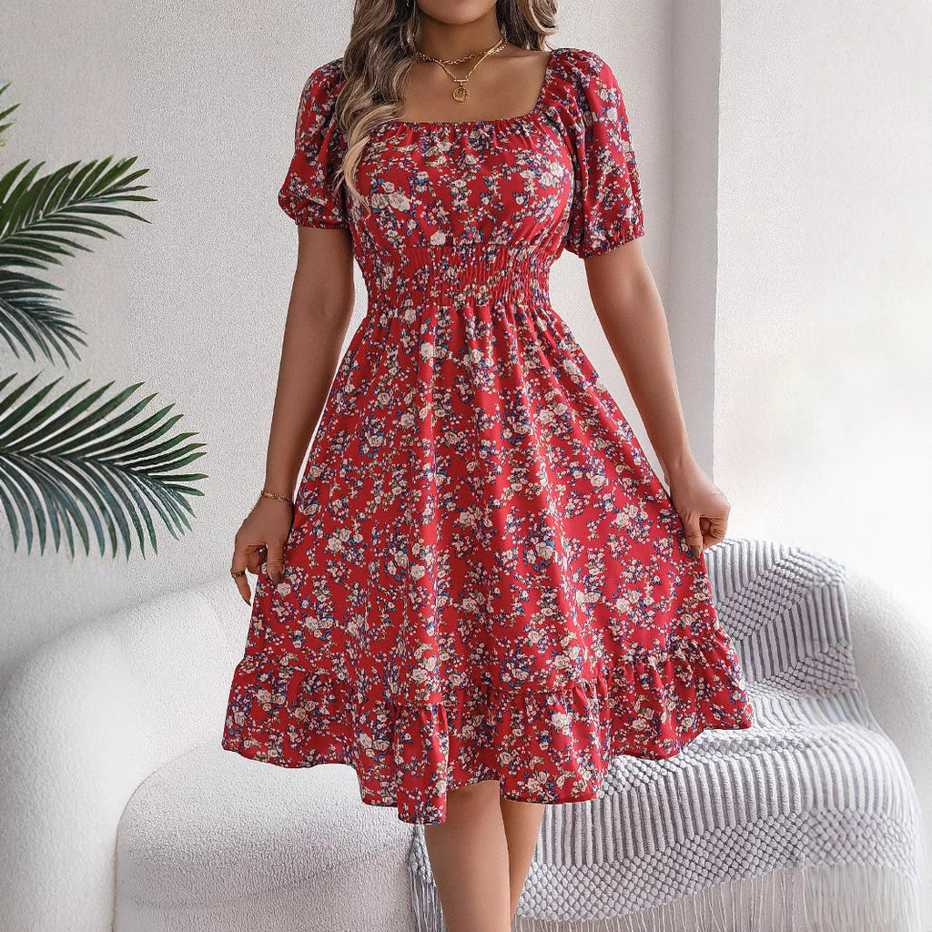 Spring Summer Floral Square Collar Short Sleeve Waist Controlled Ruffled A line Women Clothing Bella Mia