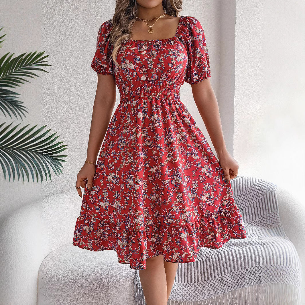 Spring Summer Floral Square Collar Short Sleeve Waist Controlled Ruffled A line Women Clothing Bella Mia