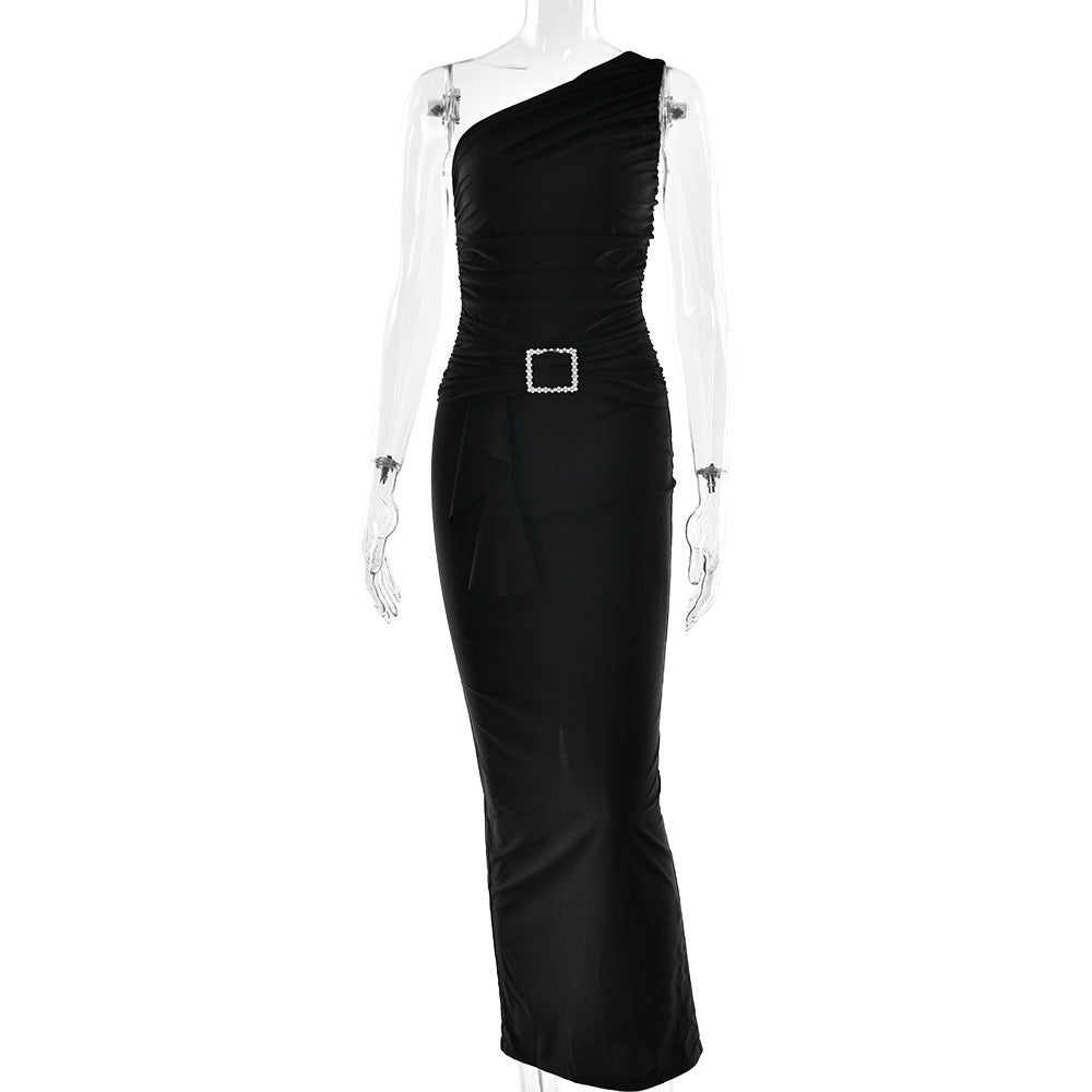 Women Wear Maxi Dress Sexy One Shoulder Pleated Sheath Dress Bella Mia