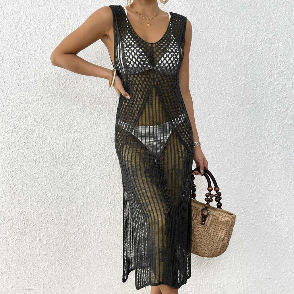 Women Holiday Beach Dress Women Clothing Hollow Out Cutout Woven Shirt Vest Dress Long Dress Sexy Slit Dress Bella Mia