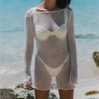 Summer Knitted Sexy Big Backless Beach Holiday Dress Long Sleeve Hollow Out Cutout out See through Women Clothing Bella Mia