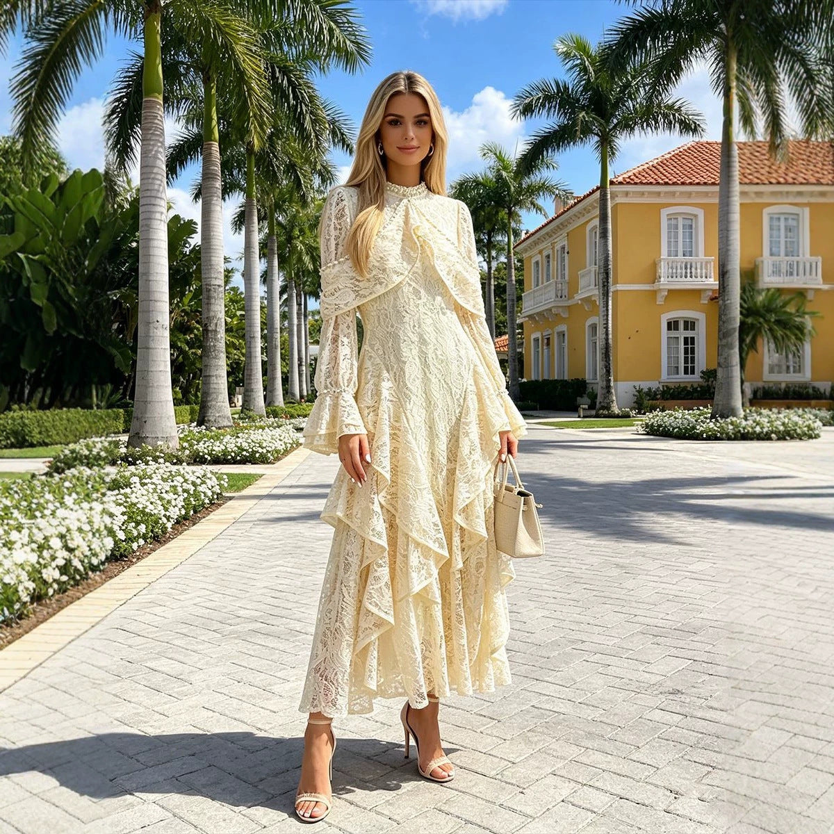 Summer Elegant Retro Cocktail Beaded Lace Bell Sleeve Dress Women