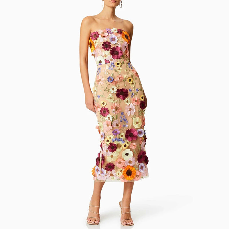 Elegant Elegant Dress Three Dimensional Floral Embroidered Slim Slim Fit Tube Top Dress for Women Bella Mia